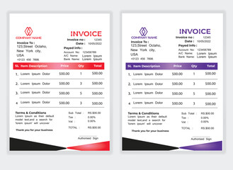 Business Minimal Corporate Invoice design template vector illustration bill form price . Creative template and stationery design payment agreement design template Cash Memo, Vector Quotation Design