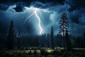 A lightning bolt striking a dark sky with trees in the foreground and dark clouds in the background. Generative AI