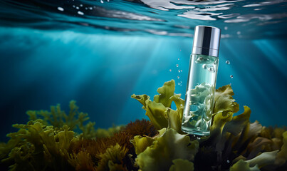 Collagen extract cosmetics of sea plants for product mockup. Algae plant essence with sea water...