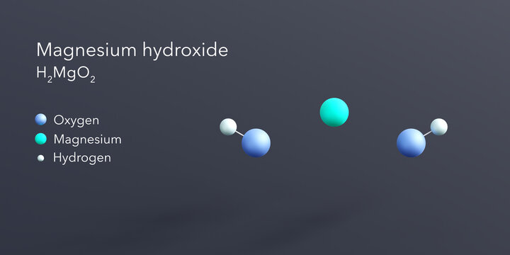 magnesium hydroxide molecule 3d rendering, flat molecular structure with chemical formula and atoms color coding