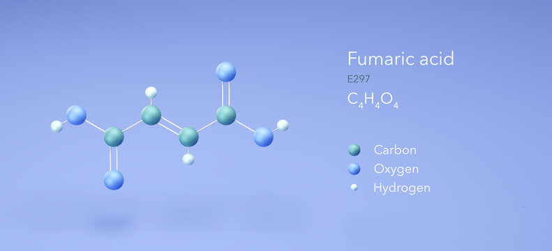 fumaric acid molecule, molecular structures, food additive e297, 3d model, Structural Chemical Formula and Atoms with Color Coding