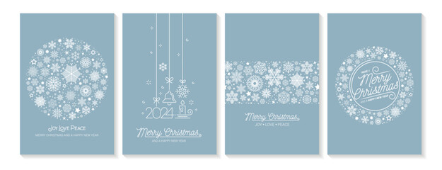 Naklejka na ściany i meble Merry Christmas modern elegant card set greetings. White snowflakes Textures on blue ice background