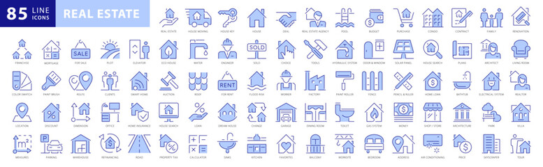 Real Estate Blue Icon set. House, Home, Buy, Sell, Rent, Smart Home, Renovation, Building, Mortgage, Skyscraper, Plot, Shop, Flat, Living Room, Bathroom. Two Tones Blue Vector Icons Collection - 652874404