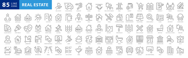 Real estate line icons collection. Big UI icon set in a flat design. Thin outline icons pack. Vector illustration - 652874451