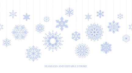 Blue Winter Seamless Background with geometric Snowflakes hanging from Above. Full Vector Illustration