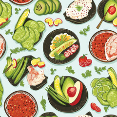 Seamless pattern with bowls and various healthy ingredients, avocado, vegetables, red fish, hand-drawing, chicken and rice. Vector graphics
