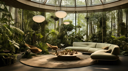 a modern room of an ECO villa with lots of green plants