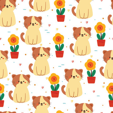 seamless pattern cartoon cat and flower. cute animal wallpaper for textile, gift wrap paper