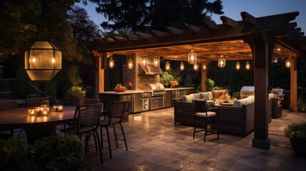 Fototapeta premium Luxury terrace with an illuminated pavilion in the evening