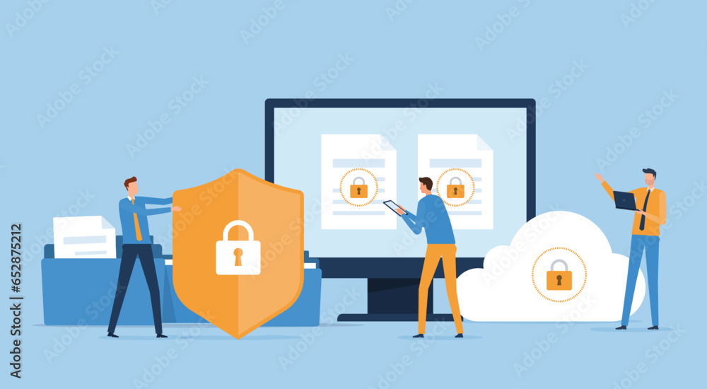Poster flat vector Business technology cloud computing service server storage concept  and cloud security technology with team administrator and developer working design
