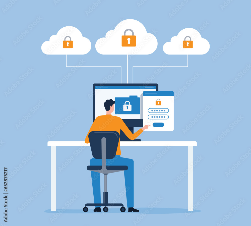 Aufkleber flat vector Business technology cloud computing service server storage concept  and cloud security technology with team administrator and developer working design