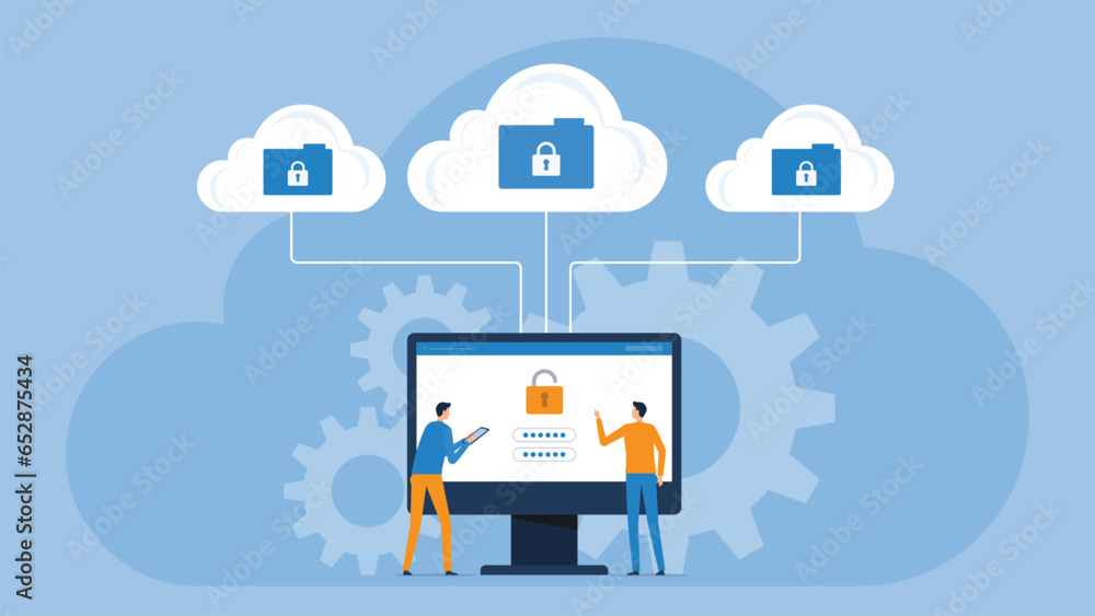 Wall mural flat vector business technology cloud computing service server storage concept and cloud security te