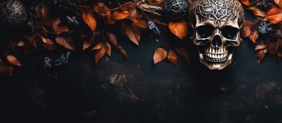 Halloween symbol with skull autumn leaves and dark natural background Symbolizes magic and mysticism - obrazy, fototapety, plakaty