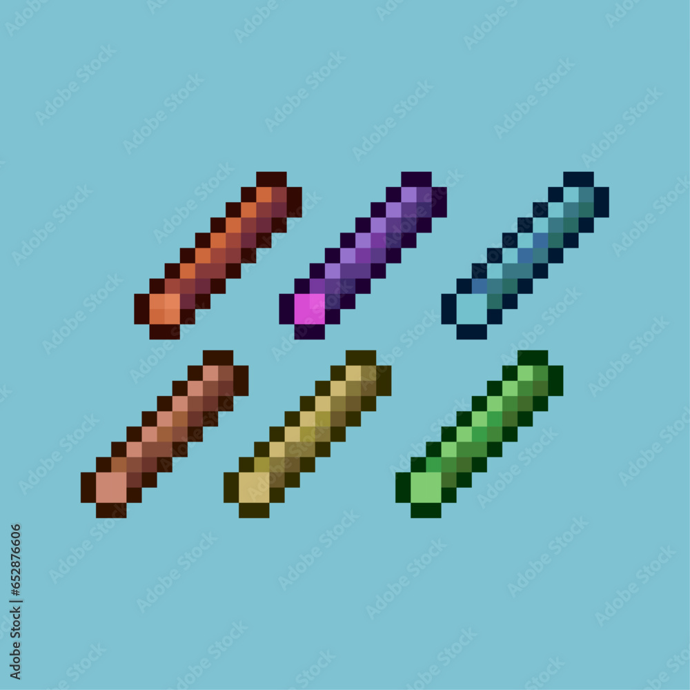 Poster pixel art sets of wood stick item loots with variation color item asset simple bits of stick wood on