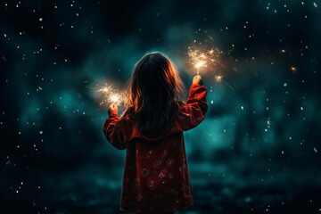 Fototapeta na wymiar Litte girl, child holding sparklers, children's fireworks