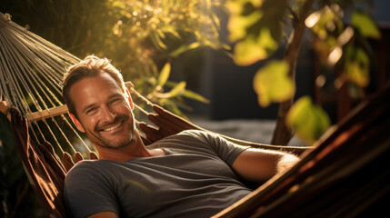 Obraz premium Relaxed man rests lying in a hammock