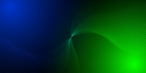 Abstract blue and green wavy line pattern on dark blue background. Modern tech futuristic neon color banner concept. Vector illustration.