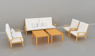 Wooden sofa set with coffee tables.