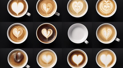 coffee cup assortment top view collection, coffee cup assortment with heart sign top view collection isolated on white background.