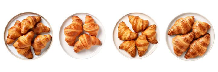 Set of delicious plates of croissants isolated on a transparent background in the top view.