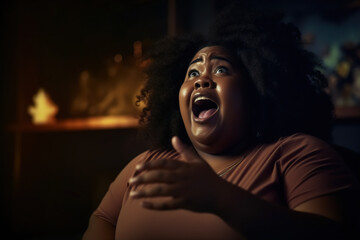 Surprised african american woman watching TV in living room at night - obrazy, fototapety, plakaty