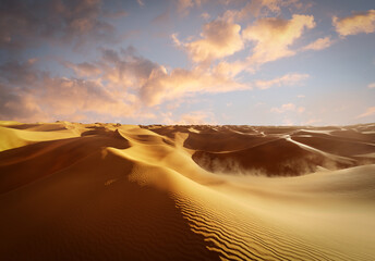 Sand dunes Sahara Desert at sunset and sandstorm, 3D illustration - 652878096