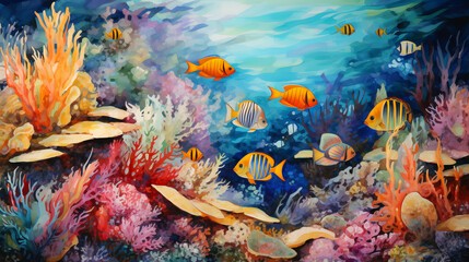 Obraz na płótnie Canvas Coral reef and fishes background in watercolor and acrylic style