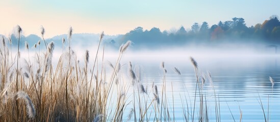 Beautiful serene nature scene with river reeds fog and water - obrazy, fototapety, plakaty
