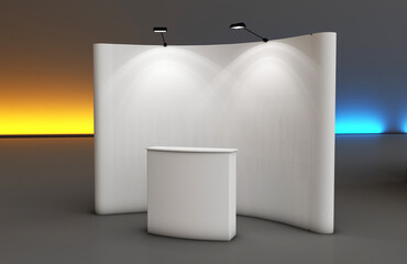 Trade exhibition stand display. Pop up display with promotion counter table. Exhibition Expo Pop Up Banner Backdrop Mockup. 3d rendering. 