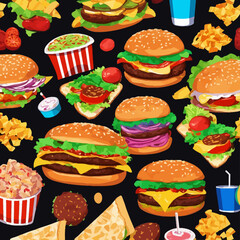 Fast food hamburger dinner and restaurant, tasty set on white background. Vector illustration in flat style.
