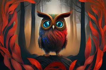 Fototapete Rund drawing of a red owl with blue eyes © Bemarma