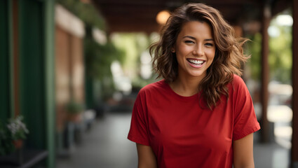 brown woman in red t-shirt smiling at camera - obrazy, fototapety, plakaty