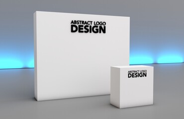 Welcome desk white background, 3d rendering. Perspective view of a registration stand  banners. Mockup for events, exhibitions and presentations. 