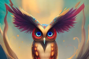 Deurstickers drawing of a red owl with blue eyes © Bemarma