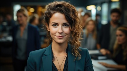 Fototapeta premium Young businesswoman's portrait against an office backdrop with busy employees.