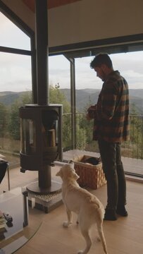 Chico y cachorro golden retriever encienden chimenea en sal&oacute;n monta&ntilde;&eacute;s con ventanal, mostrando laderas frondosas monta&ntilde;osas