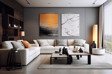 Fototapeta na wymiar Modern living room with sofa and furniture.