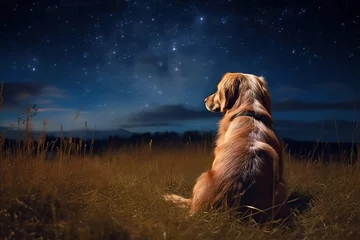 Rolgordijnen dog view from the back sitting and looking at the stars in the night sky. © arhendrix