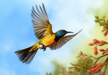 Olive backed sunbird, Yellow bellied sunbird flying in the bright sky. - obrazy, fototapety, plakaty