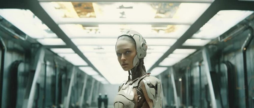 Medium shot of cyborg girl standing in hall in laboratory. Anamorphic 4k footage