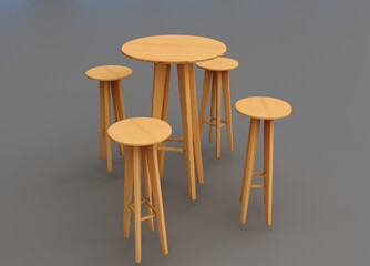 High Wooden table and chairs on white background.