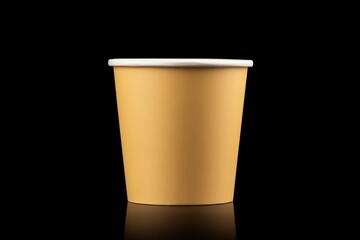 Side view yellow empty disposable paper fast food cup isolated on black background.