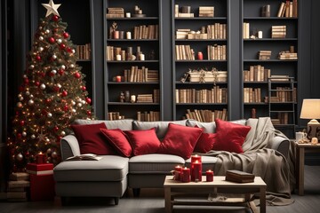 Festive Christmas decorations and lights adorning a cozy living room. Christmas and New Year celebration concept.
