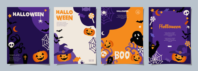 Halloween banners set, party invitation background with clouds, bats and pumpkins in flat design for banner, cover, printing and social media post. Vector illustration.