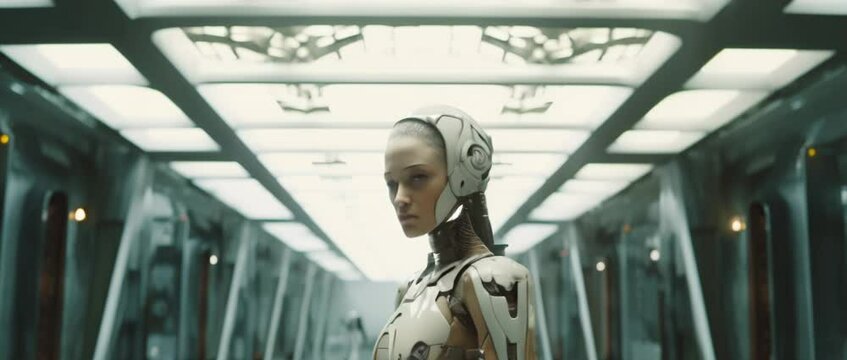 Medium shot of cyborg girl standing in hall in laboratory. Anamorphic 4k footage
