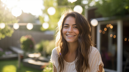 Joyful girl smiles in her back yard on a sunny day - obrazy, fototapety, plakaty