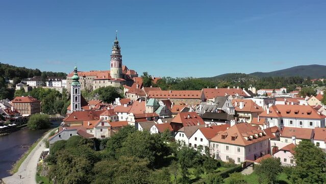 Cesky Krumlov, Czech Republic. Aerial wiew over the historical Krumlov and Vltava river. Summer. Old town. 