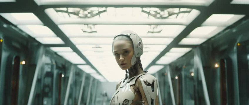 Medium shot of cyborg girl standing in hall in laboratory. Anamorphic 4k footage
