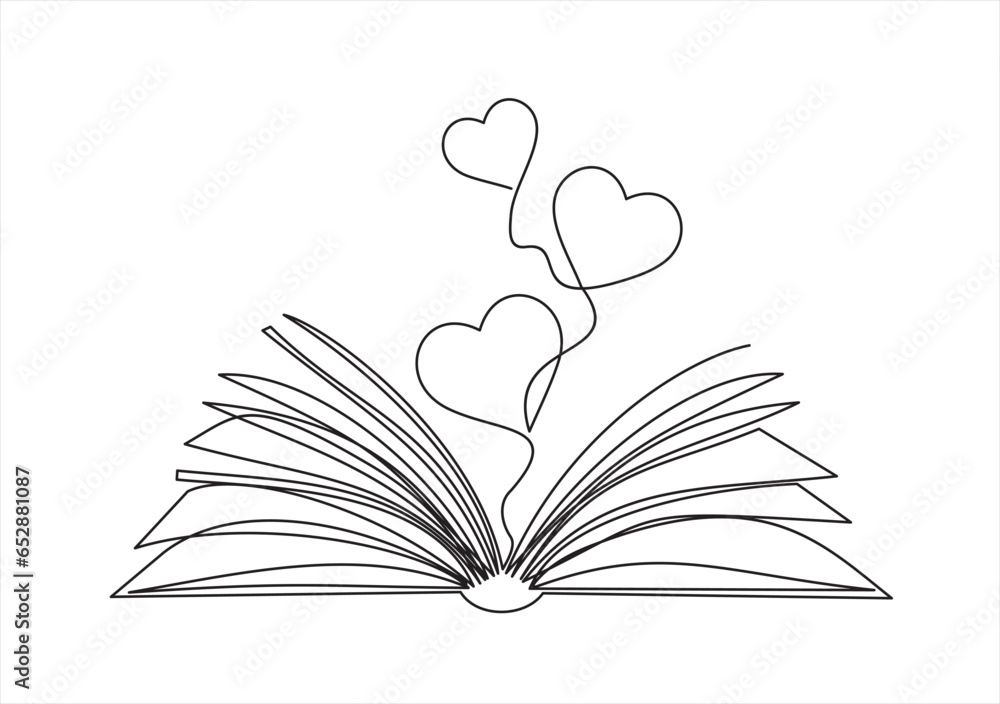 Poster open book and heart, continuous line vector illustration. one line vector drawing of a book and a he