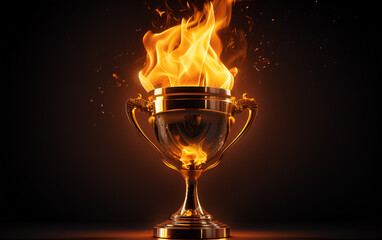 Fototapeta na wymiar Gold trophy on fire, Flaming triumph, Winner trophy ignited with victory against a blurred Background. 